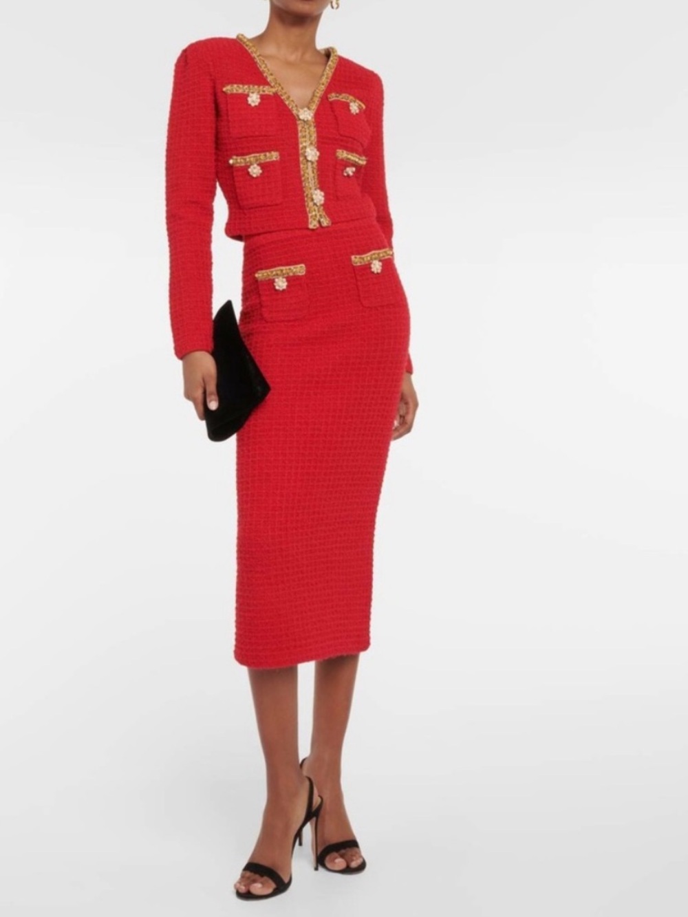 SELF PORTRAIT Red Tweed Pencil Skirt and crop blazer set with Gold Trim